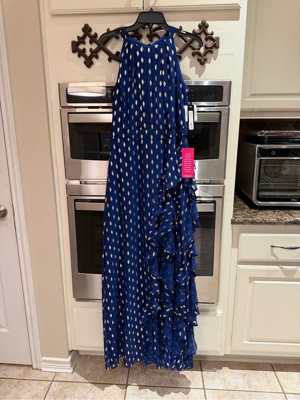 NWT: Betsy Adam Navy Blue / Gold Printed Ruffle-Detail Halter Maxi Dress size 10